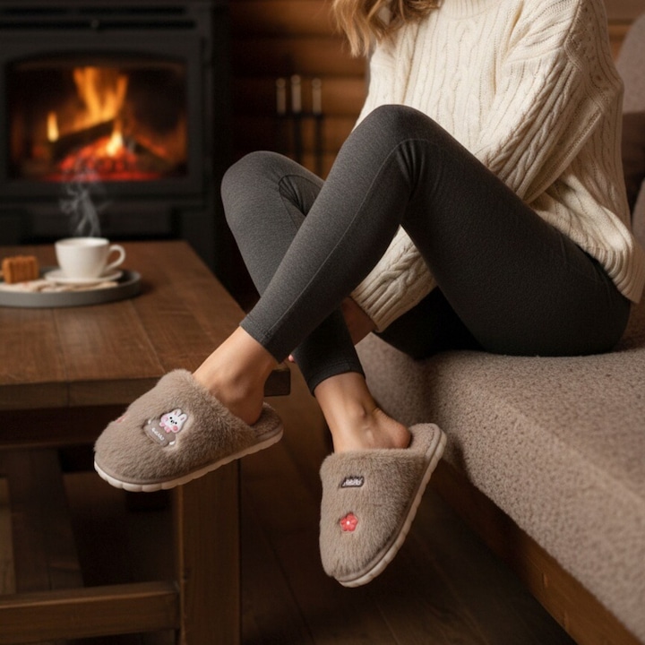 Papuci de casa pufosi L689maro 122323, Maro, 38-39