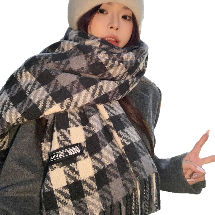 Sál, őszi-téli retro csúcsminőségű kockás kötött sál, kendő - szürke-fehér