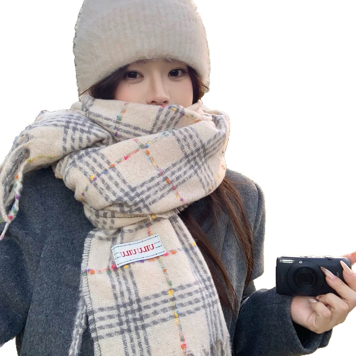 Sál, őszi-téli kötött sál kockás rojtokkal, sál - bézs