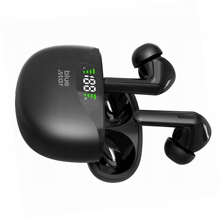 Casti Bluetooth TWS Blue Star T60, In-Ear, Negre, IPX4, USB-C