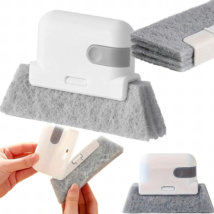 Универсална четка за почистване, с гъба и четки, 13.5 x 8.8 см, за рамки, прозорци, жлебове на врати, фуги, тесни пространства, бяло/сиво