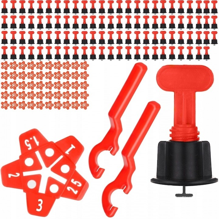Set sistem pentru spatiat si nivelat gresia, 100 distantiere reutilizabile, 50 stele si 2 chei de strangere, pentru placi ceramice 2–16 mm, rost 1.5–5 mm, utilizare interior/exterior
