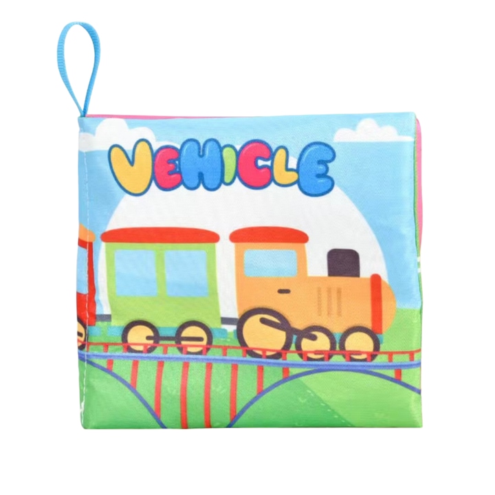 Carte senzoriala din material textil fosnitoare pentru bebelusi, educationala, cu Vehicule, din material sigur non-toxic