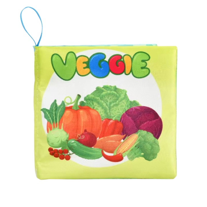 Carte senzoriala din material textil fosnitoare pentru bebelusi, educationala, cu legume, din material sigur non-toxic