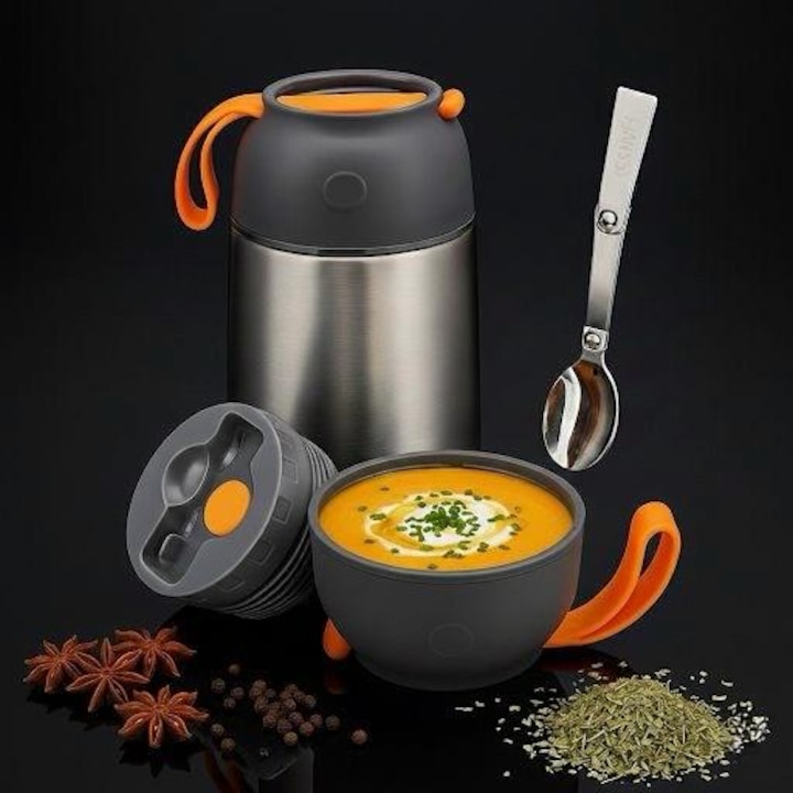 Termos Alimentar 2 in 1, LittleDomi, 650ml, Deschidere Larga, Otel Inoxidabil 304, Bol, Lingura Rabatabila, Capac Etans cu Clapeta, Maner Transport, Baza Antiderapanta, Design Modern, Izolatie 6-12 Ore, pentru Supe/Ceai/Mancare, Gri Inchis cu Portocaliu