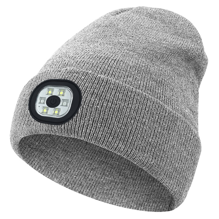 Плетени шапки, шапка за светлини с слушалки и вграден микрофон за високоговорители, шапка за светлини с шест светлини - средно сиво