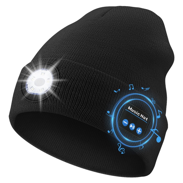 Плетени шапки, шапки за светлини с слушалки и вграден микрофон за високоговорители, пет светлини Bluetooth шапки, черен