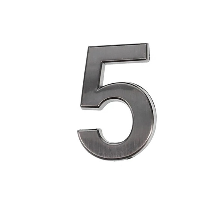 Szám ajtóra és postaládára, 3D design lakáshoz, 5 cm magas, metál fekete színű, 5-ös szám modell