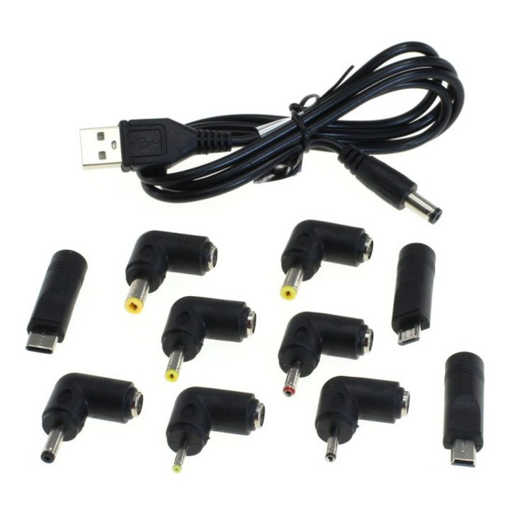 Cablu de incarcare USB universal OTB cu mufa DC si 10 adaptoare interschimbabile, 1m, negru
