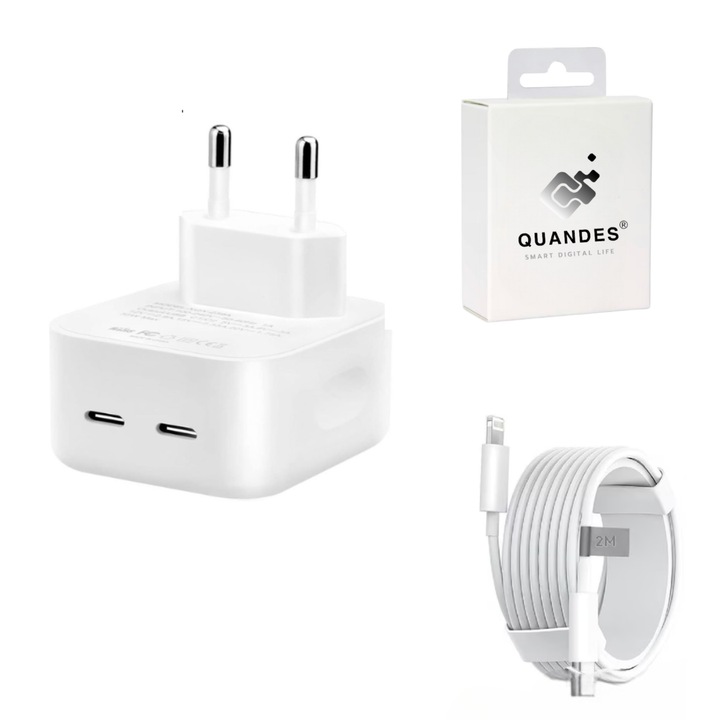 QUANDES® USB-C 40W gyorstöltő készlet, 1x USB-C-Lightning adatkábel 37W, 2m, Kompatibilis iPhone 14, 13, 12 pro max