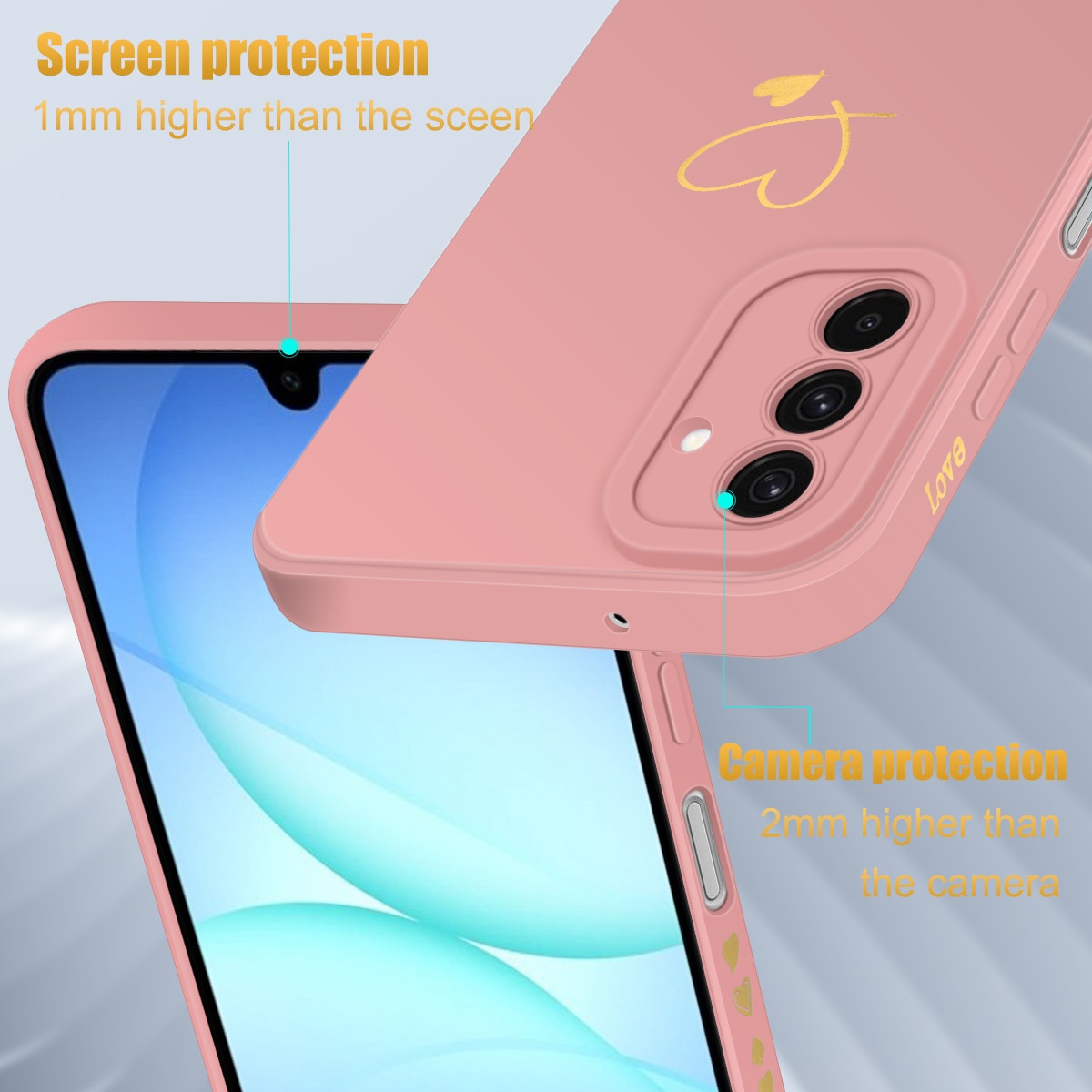 Husa telefon compatibila cu Samsung Galaxy A17 4G / 5G, set cu 3 folii de sticla securizata, TPU moale, roz
