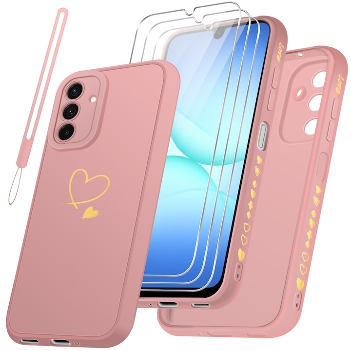 Husa telefon compatibila cu Samsung Galaxy A17 4G / 5G, set cu 3 folii de sticla securizata, TPU moale, roz
