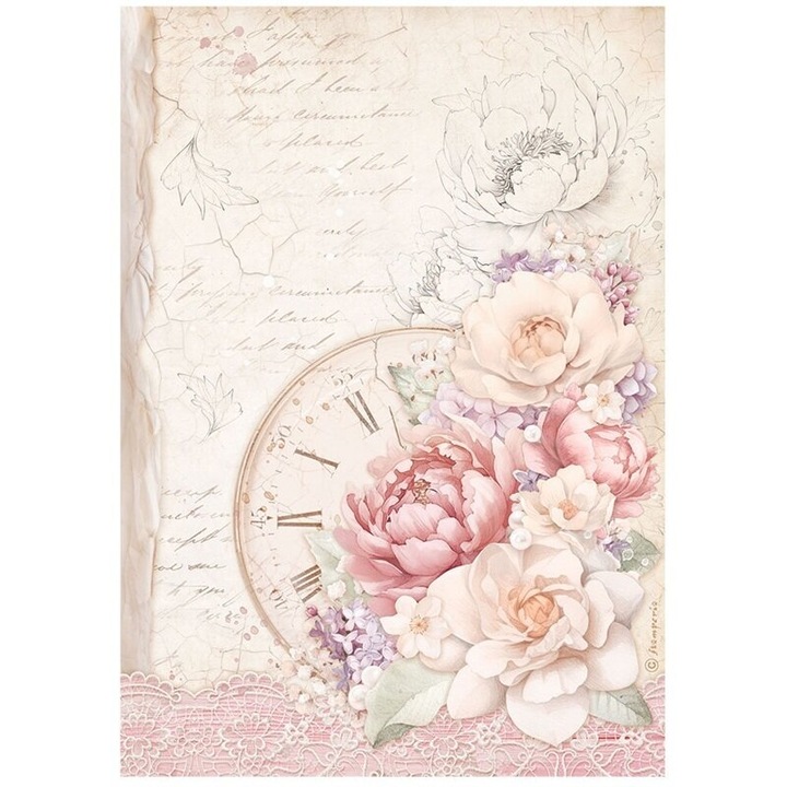 Оризова декупажна хартия A4, Stamperia DFSA4831, Romance Forever - Clock, 28 gsm
