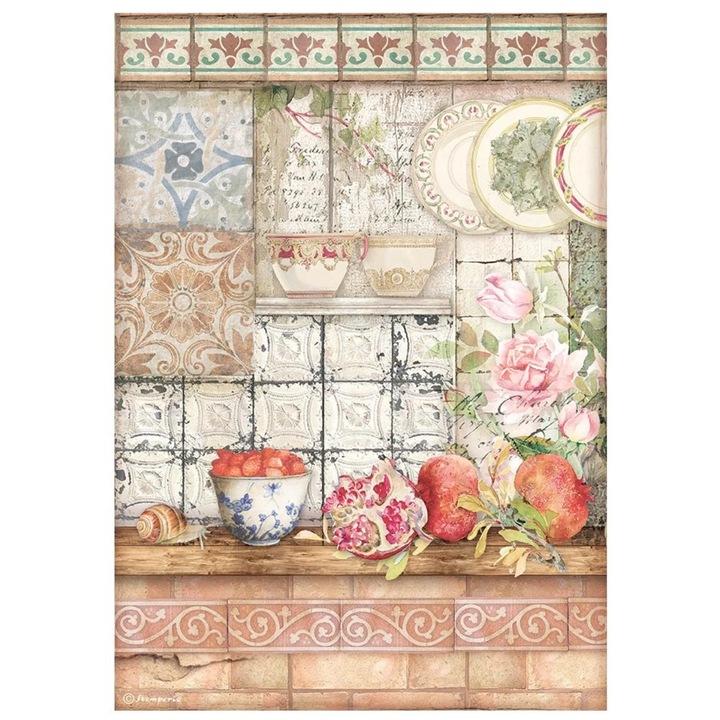 Hârtie de decoupage din orez A4, Stamperia DFSA4655, Casa Granada Tiles, 28 gsm