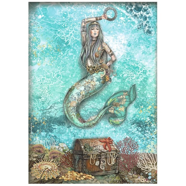 Hârtie de decoupage din orez A4, Stamperia DFSA4810, Songs of the Sea - Paper Mermaid, 28 gsm