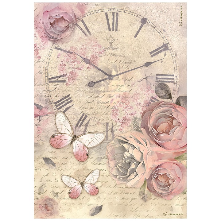 Hârtie de orez pentru decupaj A4, Stamperia DFSA4880, Shabby Rose - Ceas, 28 gsm