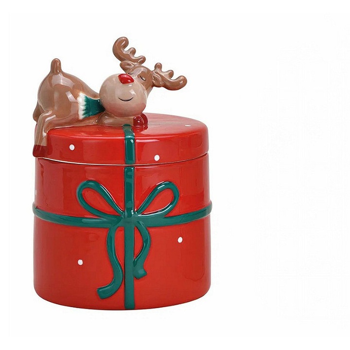 Borcan de Crăciun ceramic G. Wurm GmbH, roșu, 10x10x14cm, cu figurină de ren