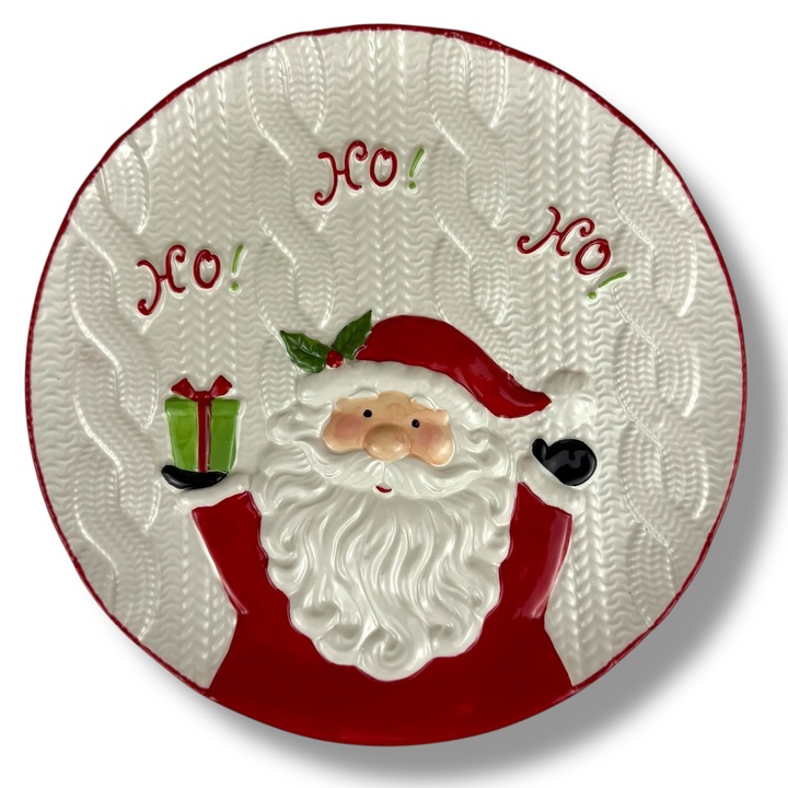 Farfurie decorativa ceramica Ho-Ho-Ho, 3D, alb/rosu/verde, 30x30x1cm