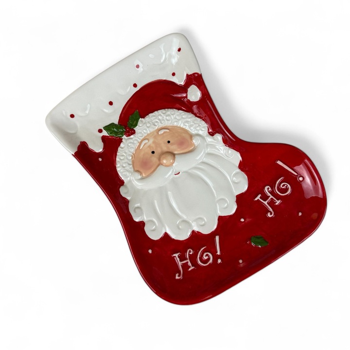 Farfurie ceramica in forma de cizma, rosu, 24x19x2cm, design 3D Mos Craciun