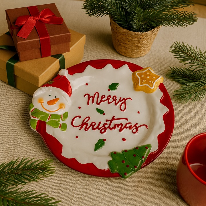 Farfurie de Craciun alba 20x20x2cm, design cu om de zapada si detalii festive