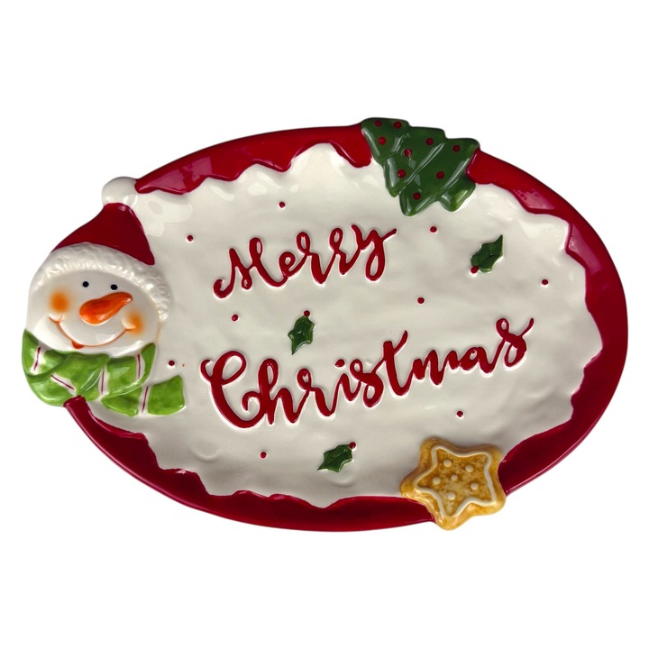 Декоративна керамична чиния, 3D дизайн снежен човек, Весела Коледа, бяла, 27x18x2см