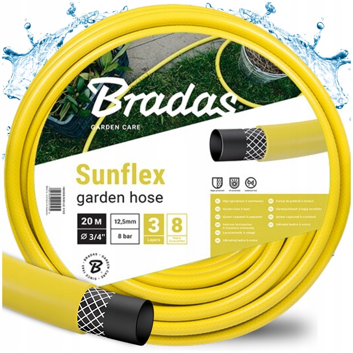 Bradas Sunflex kerti tömlő 3/4", 20m, 3 rétegű, UV-álló, sárga