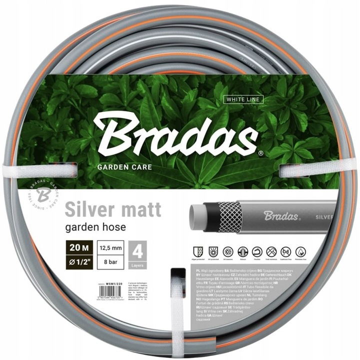 Bradas Silver Matt kerti tömlő 1/2" (12,5 mm), 4 rétegű, UV-álló és algásodásgátló, sárga, 20 m