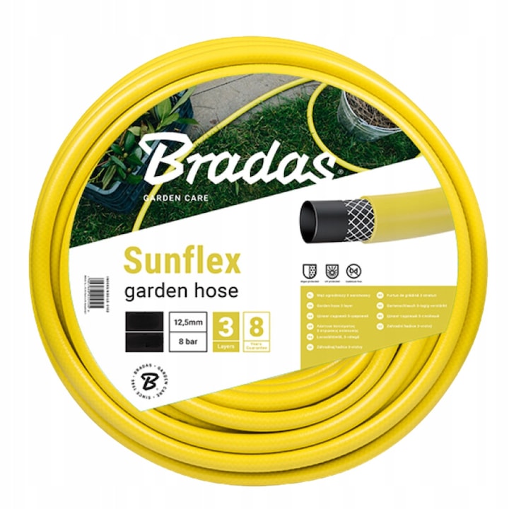 Bradas Sunflex öntöző/locsoló készlet, 3/4" 30 m tömlő, 3 rétegű puha PVC erősítéssel, STOP és STANDARD gyorscsatlakozók, sárga, 30 m