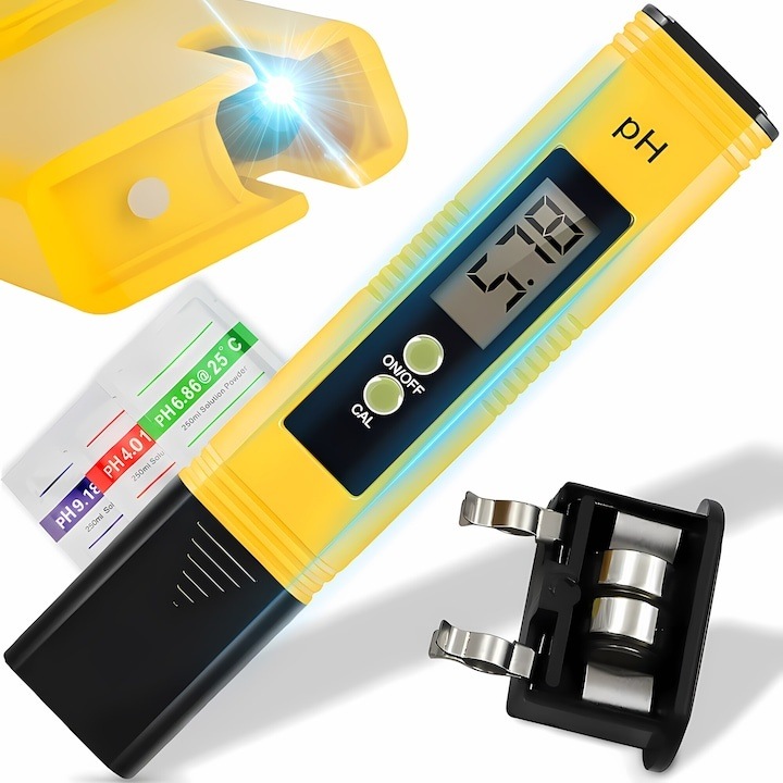 Digitális pH teszter vízhez, 0.00–14.00 tartomány, 0.01 pontosság, önkalibrálás, pufferoldatok mellékelve, LCD kijelző, védőtok, sárga-fekete