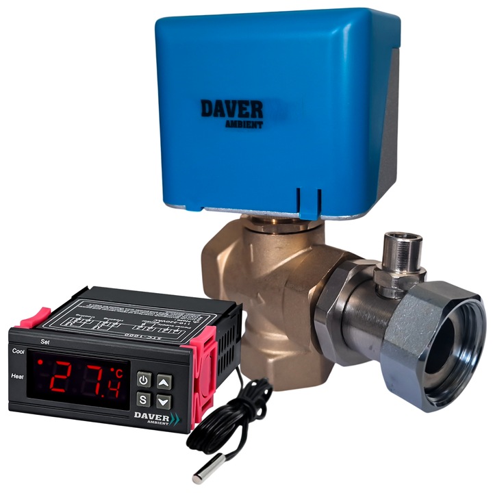 Electrovana de derivatie cu 3 cai 1", cu arc de revenire si controler de temperatura cu senzor extern si niplu cu teaca si olandez, pentru incalzire / racire, 220V/50Hz, Daver