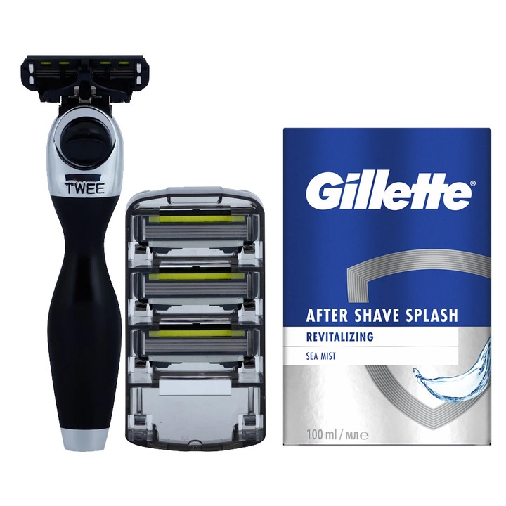 Set aparat de ras Shave-Lab Premium Twee P 213004845-G 20-34, 4 capete, + aftershave Gillette Sea mist, 100 ml, Negru