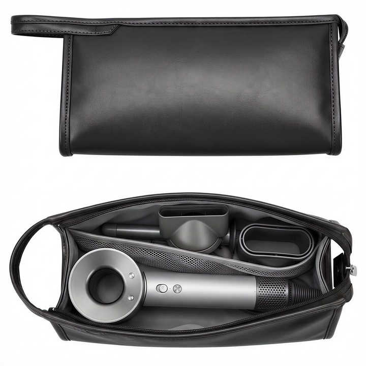 Geanta de depozitare pentru uscator de par, 36x16x13 cm, impermeabila, cu agatatoare, compartimente duale, potrivita pentru uscator de par si accesorii, ideala pentru calatorii/deplasari, negru