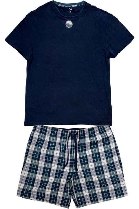 C&A 5787430 90-47 Férfi pizsama szett, póló és kockás rövidnadrág, pamut, XL, sötétkék/zöld