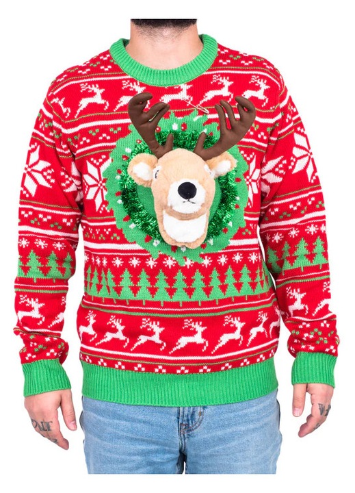 Férfi pulóver, levehető, rénszarvas stílusú, többszínű, minőségi anyagból készült, XL INTL