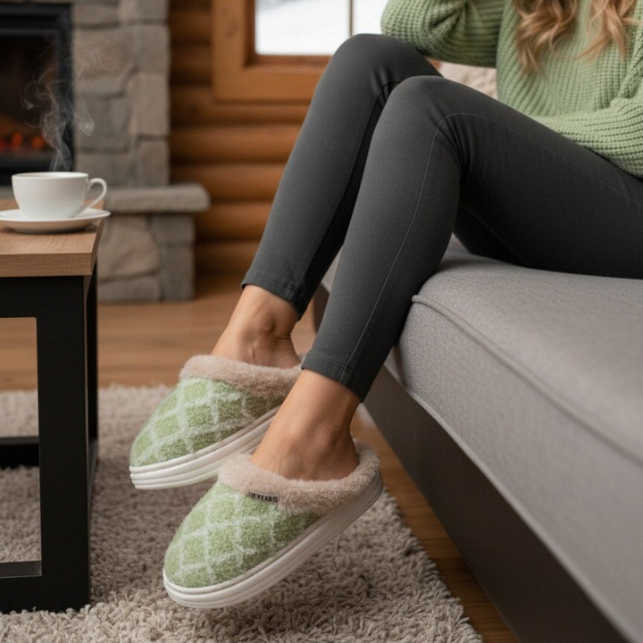 Papuci de casa pufosi L711verde 122332, Verde, 38-39