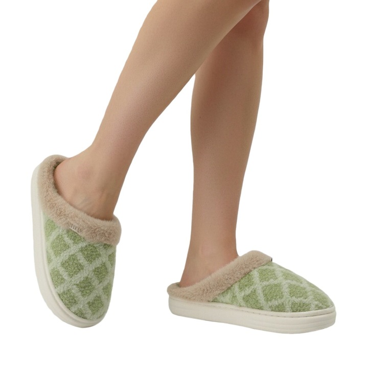 Papuci de casa pufosi L711verde 122332, Verde, 40-41