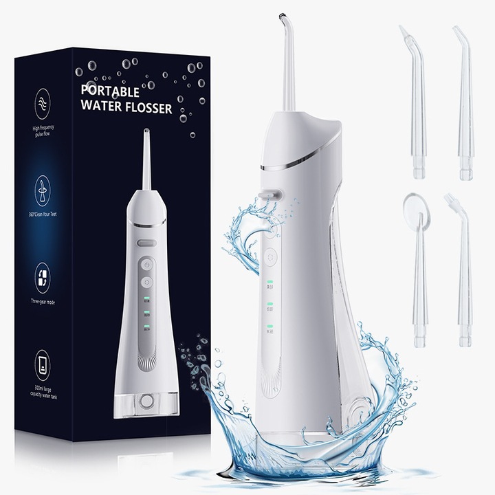 Hordozható elektromos szájzuhany, fogtisztítás, nagy tartály, fehér, 4 fej