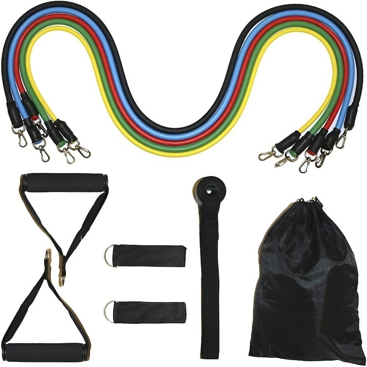 Експандер с 5 еластични ленти за съпротивление за фитнес тренировки, включени аксесоари, латексови ленти с различна интензивност, нехлъзгащи се дръжки, закрепване за врата, чанта за носене, 110 см