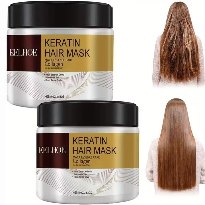 Set 2 masca de par EELHOE, intens nutritiva, repara parul deteriorat, cu keratina hidrolizata, colagen si ulei de argan pentru toate tipurile de par, 200 g