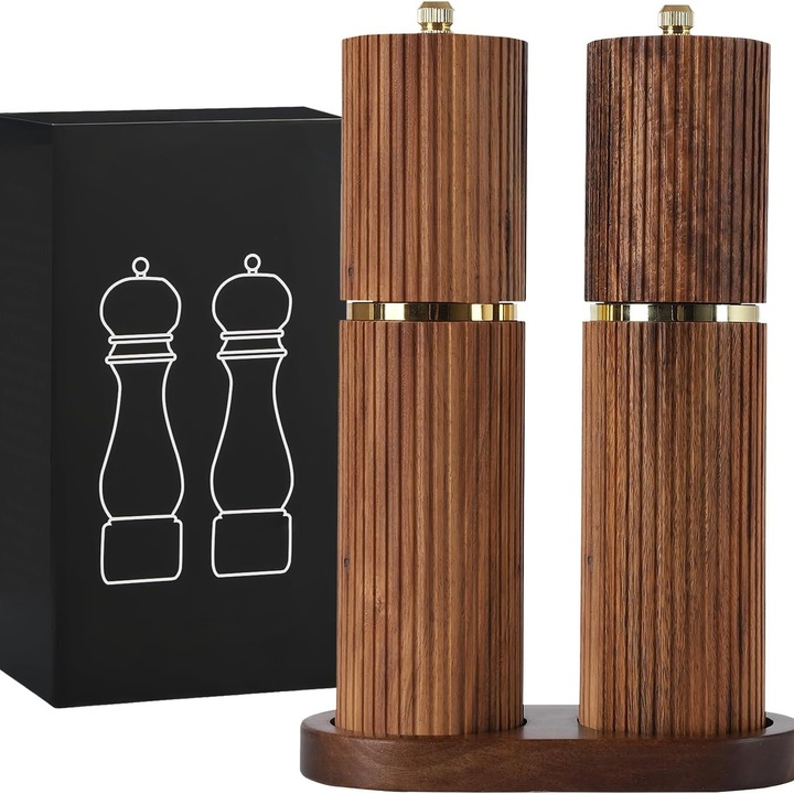 Rasnita de piper din lemn, set 2 piese, grosime ajustabila, cu baza