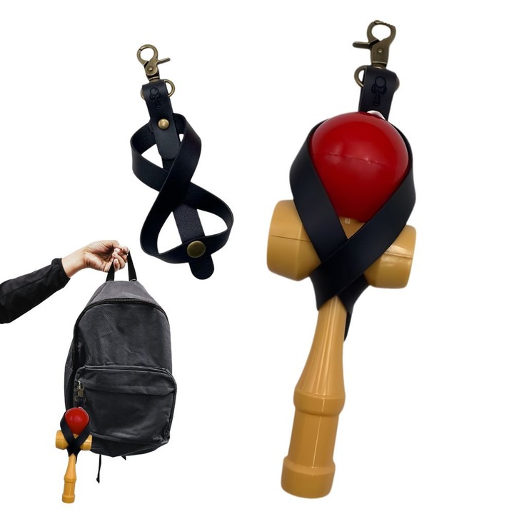 Suport Kendama, Support Line, Prindere Rapida, Carabina Metalica, Material Flexibil, Piele Ecologica, Rezistent, Fixare Sigura Pentru Bila Si Ken, Compatibil Cu Orice Model Kendama, Ideala pentru Rucsac, Pantaloni, Negru Texturat