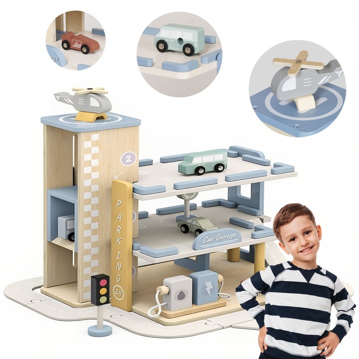 Parcare din lemn Artnico, 3 niveluri, set cu 4 masinute si elicopter, Multicolor