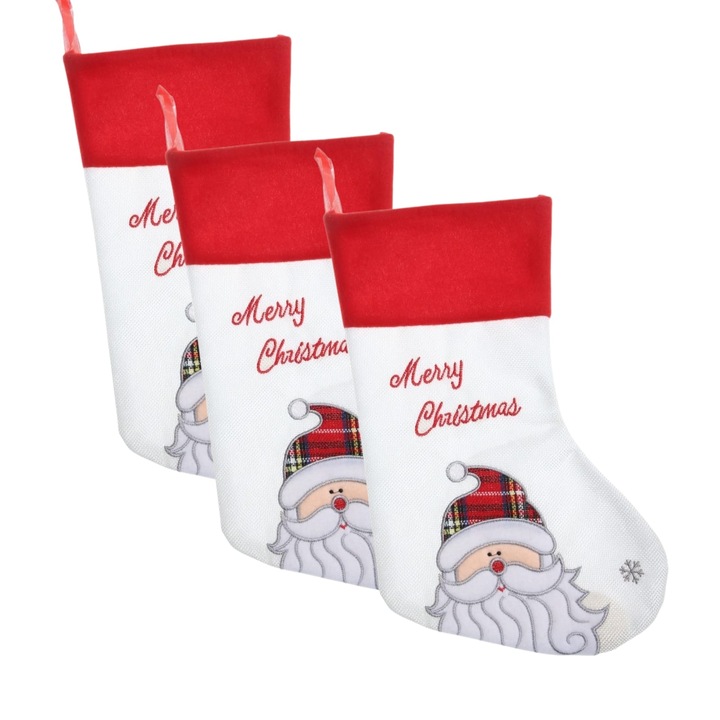 Set 3 Ciorap Cadouri de Mos Nicolae, imprimeu Mos Craciun - Merry Christmas, marimea 16 cm x 30 cm, Alb - Rosu