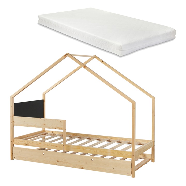 Pat copii, en.casa, PXSD-0017 Sodankyla, 200 x 90 cm, brad, pal, natur, negru, cu pat extensibil si 2 saltele, design casuta