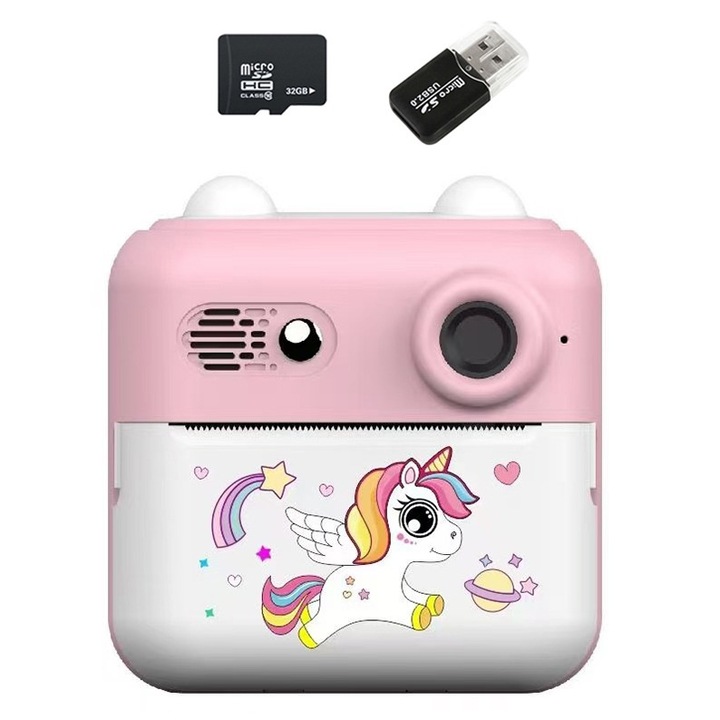 Детски моментален фотоапарат, 32 GB, 1080P, сладък дизайн, 2,4-инчов HD екран, бърз печат, 1300 mAh батерия, розов