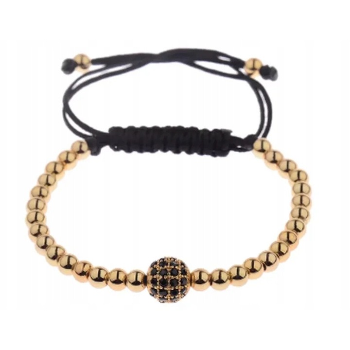Bratara aurie cu zirconii negre si snur negru