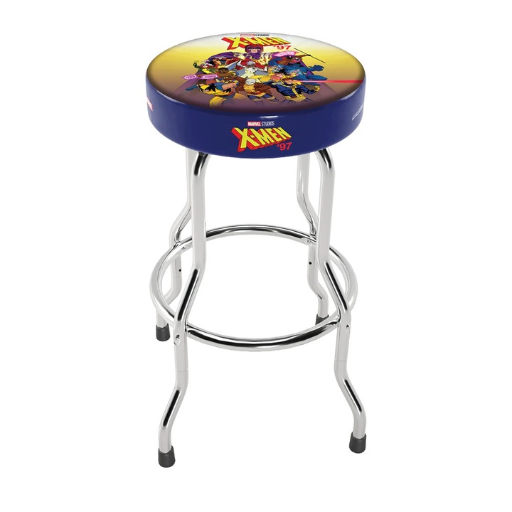 Бар стол Arcade1UP, X-Men Stool, регулируем, за игрална зала/кафене/бар, регулируема височина 55-75 см, лицензиран продукт на Marvel Studios, метална рамка, аксесоар за вертикални конзоли, компактен, многоцветен