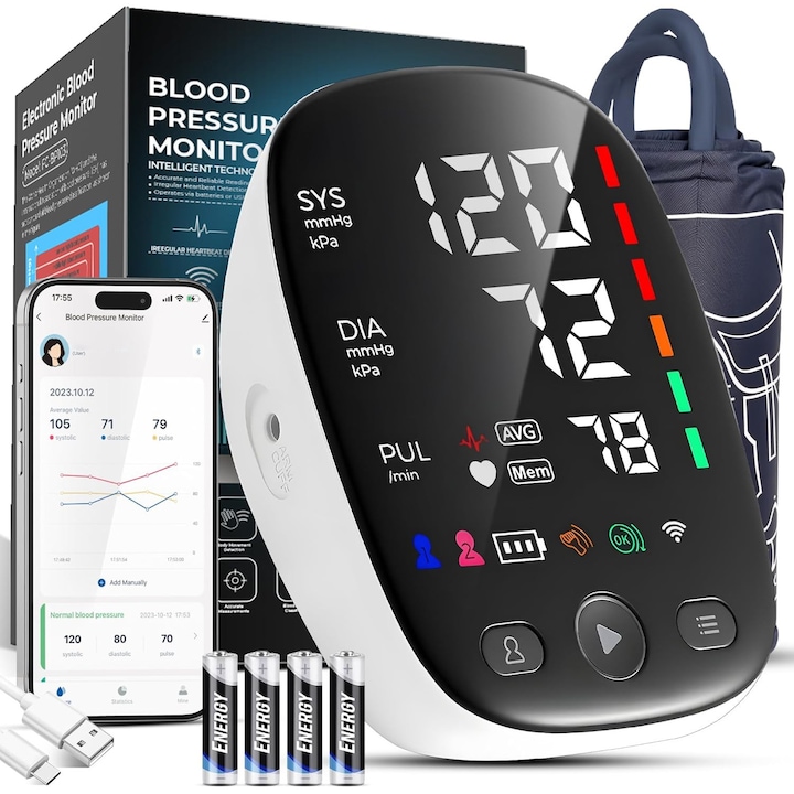 Tensiometru de brat QUTEK™, Bluetooth, Afisaj LCD cu caractere mari, Auto-masurare, Detectare puls neregulat, Validat clinic, Manseta 22-45cm, Oscilometric, 2 Utilizatori, 120 Inregistrari, Negru