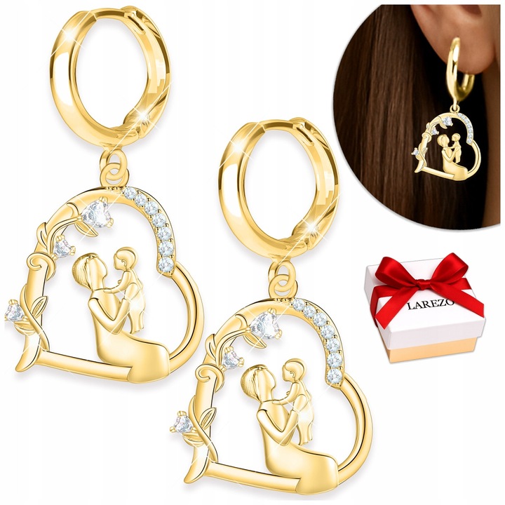 Cercei Din Argint 925, Larezo, Model Mama Cu Copil, Inima, Auriu, Argint De Inalta Calitate, Pietre: Zirconii, Calitate Superioara A Executiei, 21 x 17 x 19 mm