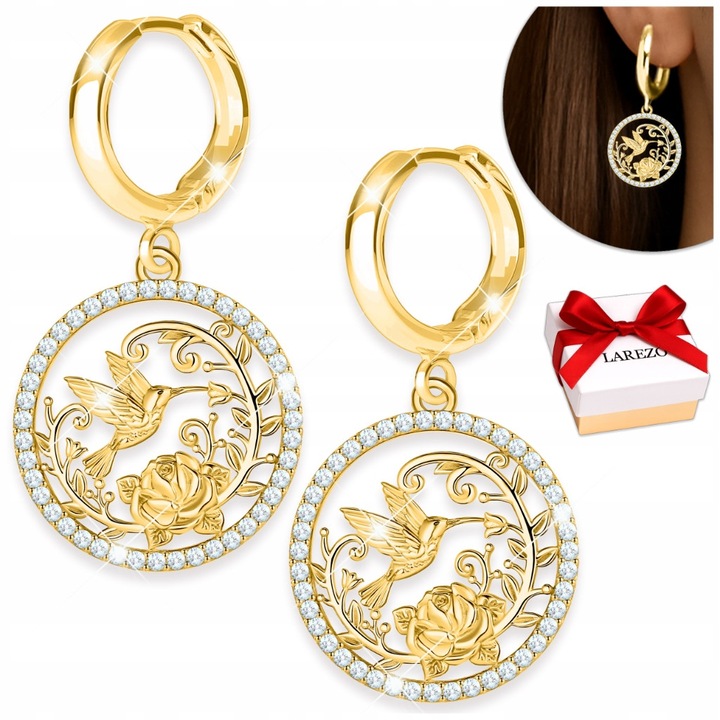 Cercei Din Argint 925, Larezo, Model Colibri, Auriu, Argint De Inalta Calitate, Pietre: Zirconii, Calitate Superioara A Executiei, 19.5 x 17 x 17.5 mm